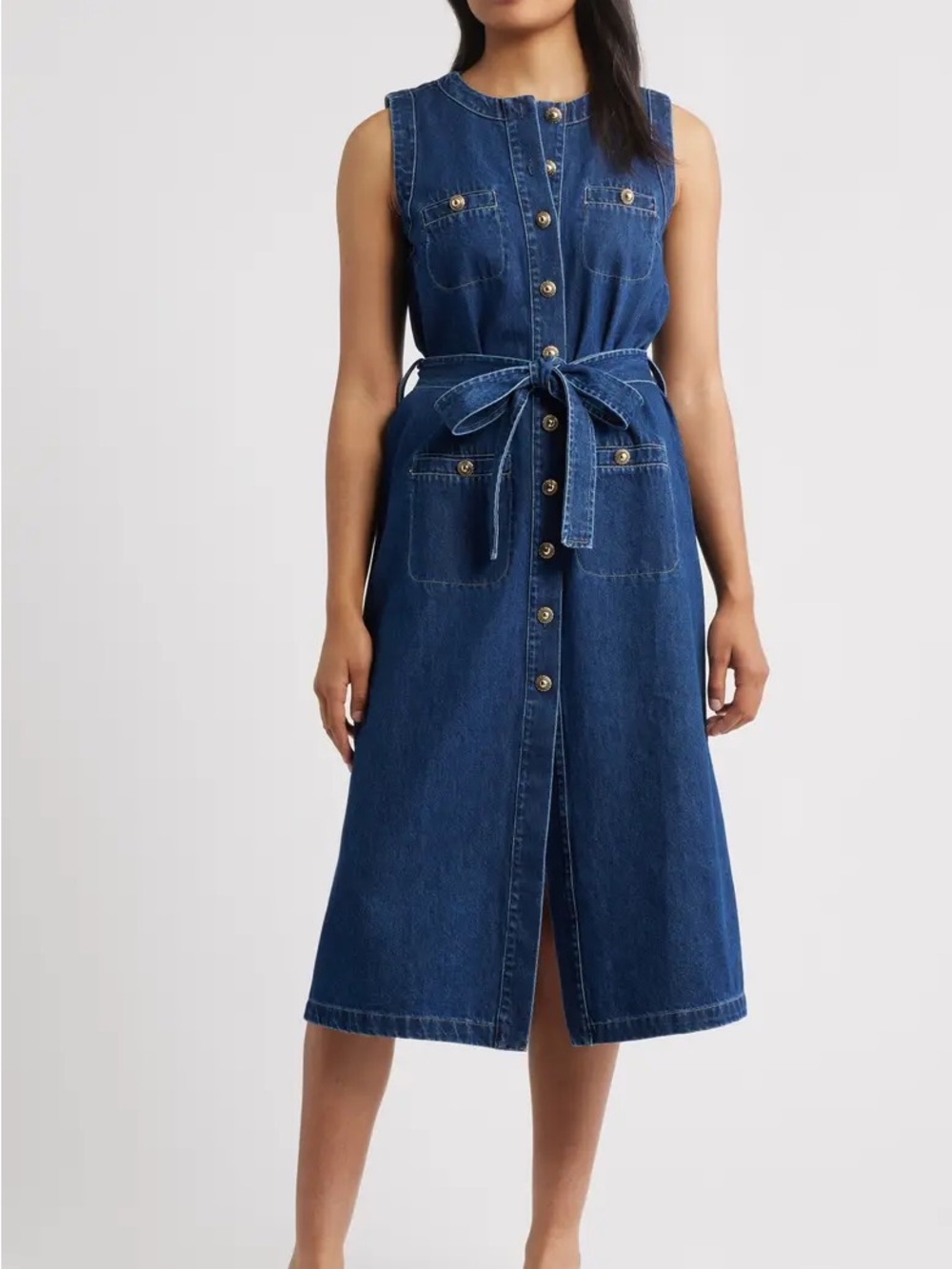 Sleeveless Button-Front Denim Midi Dress with Tie Waistu xs will fit s (no belt)